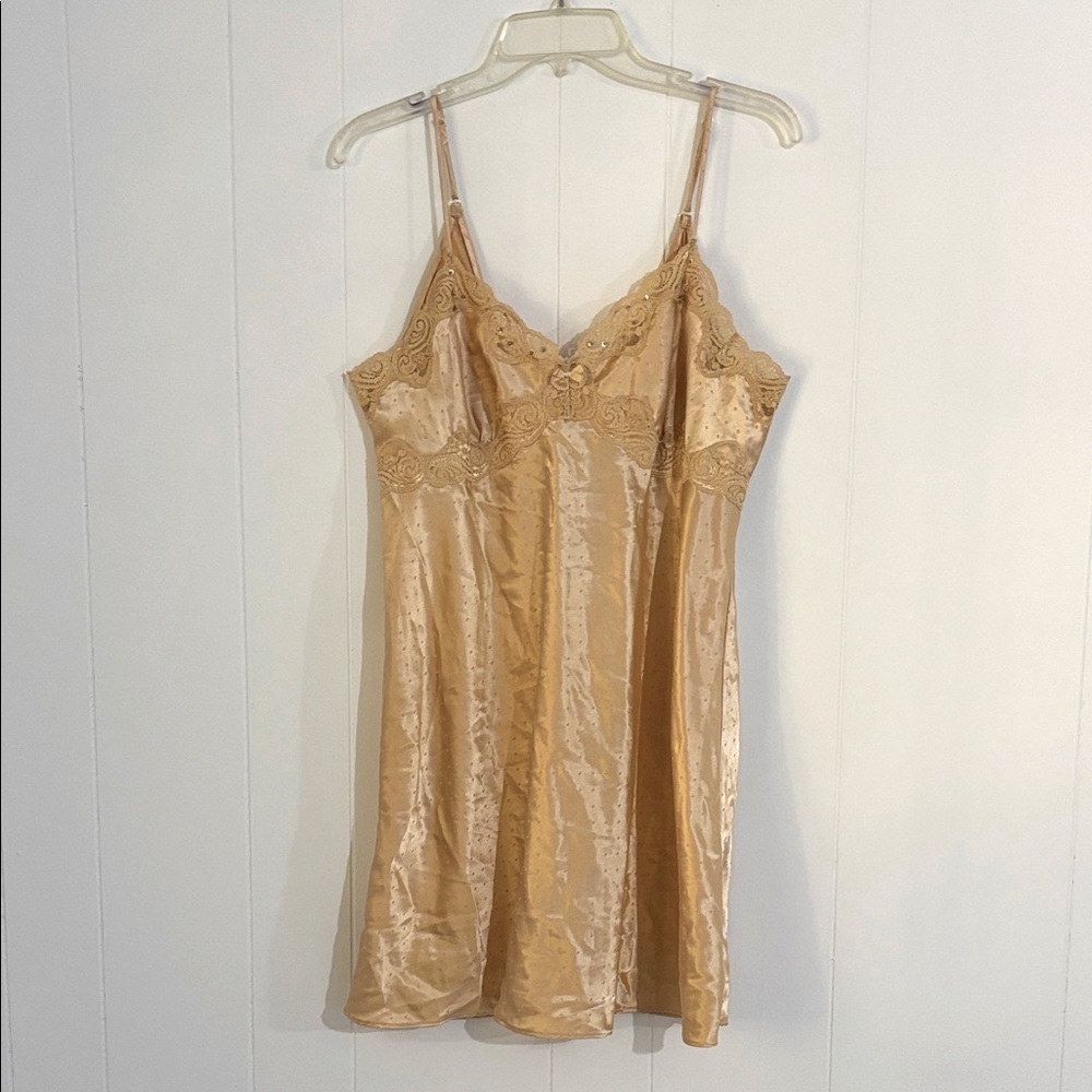 Linea Donatella Nightgown Slip Dress Nude Gold Lace Lingerie Bridal Size XL VTG